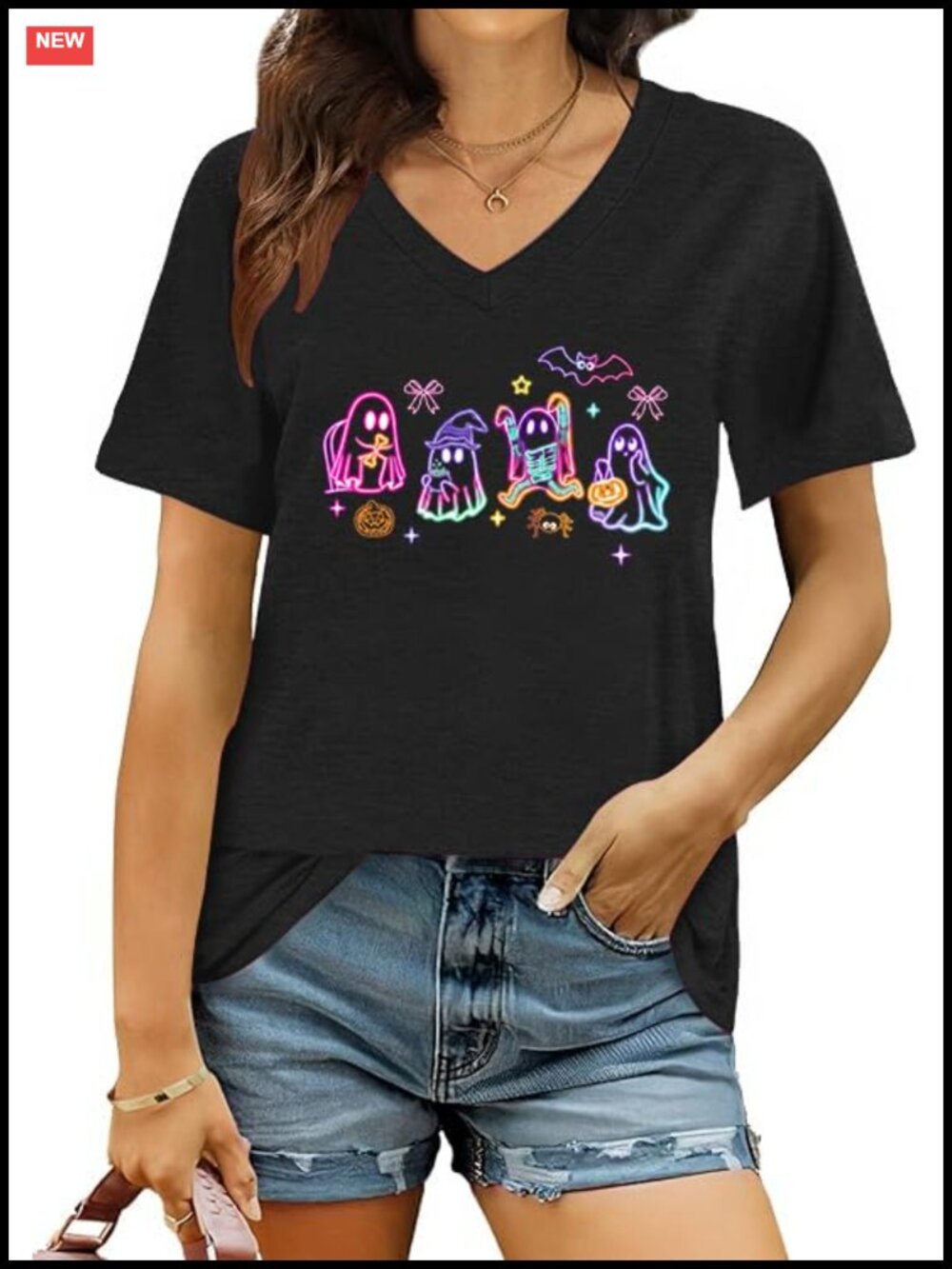 Halloween V Neck T Shirt Women Ghost Pumpkin Tee Holiday Party Top